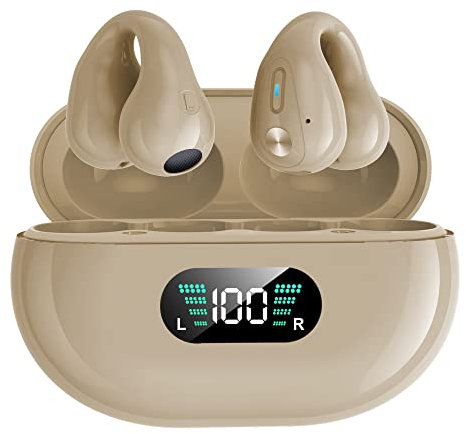 UNVO Auricolari wireless Bluetooth 5.3, con clip per l'orecchio, microfono integrato con ganci per le orecchie e gancio per l'orecchio, custodia e display di ricarica wireless, cuffie impermeabili per