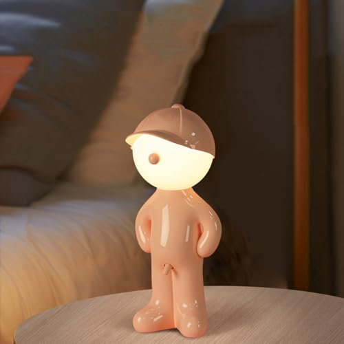AoLa Kreative Nachtlicht A Little Shy Man, Lustige LED Tischlampe Akku des Kleinen Schüchternen Mannes mit Hut Schirm Tischleuchte Romantische LED Nachttischlampe Kinderzimmer Deko Tischleuchte,Rosa