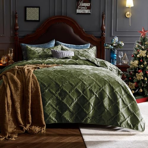 Qucover Olivgrünes, übergroßes Queen-Samt-Steppdecke und Kissenbezug-Set, luxuriöse Samt-Steppdecke, Queen-Tagesdecke, ultraweiches Winter-Bettwäsche-Set für alle Jahreszeiten