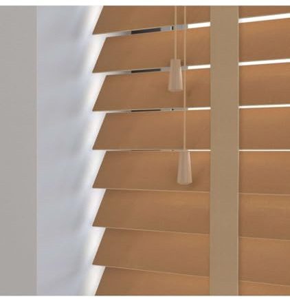 50mm Slat Light Oak Real Wood Venetian Blind With Tapes 120cm Drop, 60cm | Light Oak real wood Venetian blind with Tapes. 50mm slats. 60cm width x 120cm drop. Stylish and durable finish.