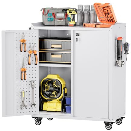 SUPEER Werkzeugschrank mit Rollen und Hände, 87x66x35cm,Weiß | ,Pegboard und 4-Haken,Metallschrank mit 2 Türen und verstellbaren Einlegeböden, abschließbar für Garage, Haus und Büro,