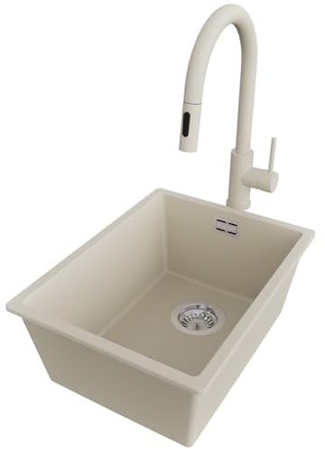 PRIMAGRAN Granitspüle Beige 36x47cm, Spülbecken 1 Becken + Küchenarmatur 40x20cm + Ablauf-Set, Küchenspüle ab 40er Unterschrank - London Slim
