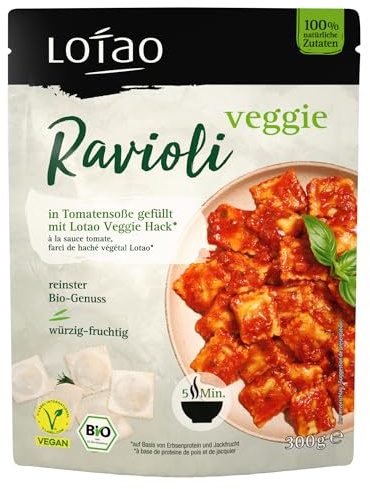 Lotao Veggie Ravioli 1x300g | Bio & Vegan | Mit würziger Veggie-Hack-Füllung & fruchtiger Tomatensauce | Mit Erbsenprotein & Jackfruit | Proteinreiches, schnelles Fertiggericht für Groß & Klein