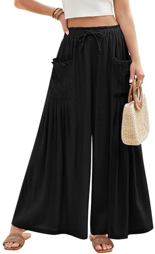 PASUDA Pantalon Femme Fluide Été Pantalons Lin à Jambes Larges Taille Haute Elastique Chic et Elegant Pantacourt Ample avec Cordon de Serrage Longueur Pants avec Plissé Poches