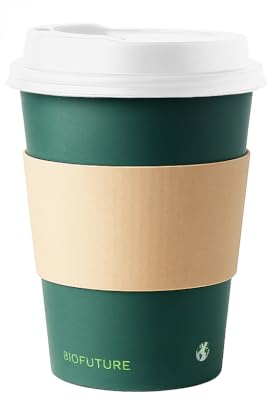 BIOFUTURE 50 x 8oz Disposable Coffee Cups Compostable Paper Cups with White Lids and Sleeves, Eco-Friendly & Biodegradable, Ideal for Hot Drinks, Takeaway or Travel, EN 13432 Certified (Green)