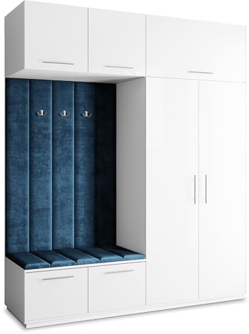Masseno Flugarderoben Set Rema, Kleiderschrank-Set mit Sitzbank, Garderobenschrank Flur mit 5 Regalböden, Weiß