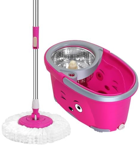 Candora Mopa giratoria de 360° con cubo y cabezales de fregona duales, fregona giratoria de microfibra delgada (rosa)
