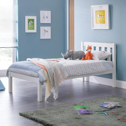 Julian Bowen Luna Bed, Single, Pine, White - W98.5 x D201.5cm | Minimalist Bed Frame, 90cm/3ft, Ideal for Kids & Guest Rooms, No Box Spring Needed, Slat Headboard, Solid Pine Construction