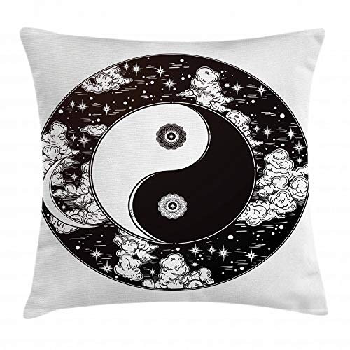 ABAKUHAUS Ying Yang Kissenbezug, Sterne Mond Nachthimmel, Seitenschläferkissenhülle ohne Kissen mit Reißverschluss und Beitseitigem Druck Waschbar, 40 x 40 cm, Weiß und Schwarz