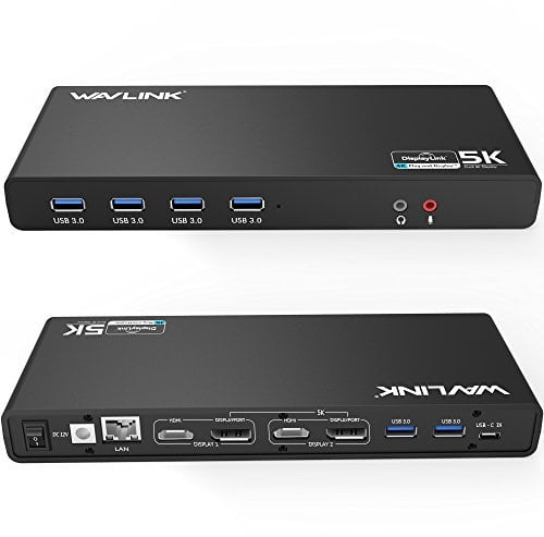 WAVLINK USB C Laptop Universal Docking Station 5K (up to 5120x2880@60Hz) / Dual 4K Ultra HD video, 2 HDMI & 2 DP, 6xUSB3.0, Gigabit Ethernet, Audio, Mic, Supports Windows, XP, Mac