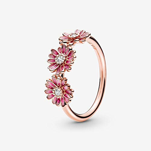 PANDORA Garden Anello con trio di margherite rosa placcato in oro rosa 14 k con zirconi cubici trasparenti e smalto rosa sfumato, 56