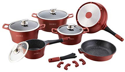 Royalty Line Set 14 Pezzi in Pietra LAVICA PENTOLE PADELLE e Coperchio per Uso Professionale E Domestico, Modello RL-ES1014M (Borgogna)