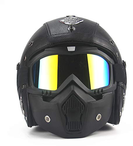 MRDEAR Motorrad Jethelme Vintage Schwarz Retro Mofa-Helm Rollerhelm Handgemachtes PU-Leder Scooter-Helm Roller Chopper Vespa Sturz-Helm Motorradhelm Damen Herren mit Visier Brille Maske,M