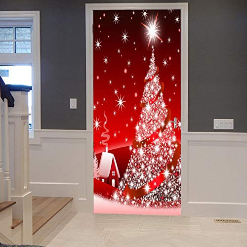 A.Monamour Türtapete Selbstklebend Türfolie Türposter 3D Glitzer Bling Weihnachtsbaum Rote Sterne Feiertags Dekoration Weihnachten Vinyl Folie Türdeko Tapete Wandbild Türaufkleber Türtattoo 83 x 204cm