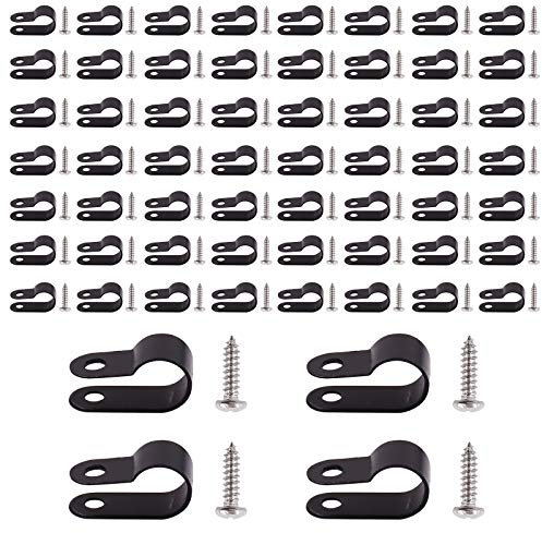Rustark 60 Stück 10.4mm Schwarz Nylon R-Typ Kabelschellen Nylon Kabelhalter R Clips Schraubbefestigung Kabelklemmen mit 60 Stück 304 Edelstahl Schrauben für Drahtmanagement (3/8”)