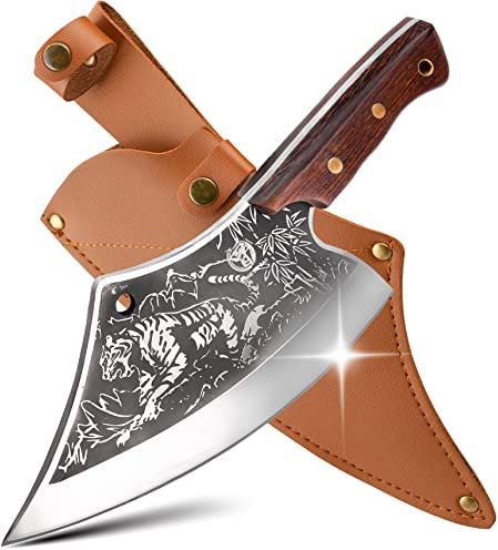 ZENG JIA DAO Fleischbeil Messer mit Scheide – 20,3 cm handgeschmiedetes Metzgermesser im Tiger-Stil – robustes Schneidemesser – Rivale zum Damastbeil Messer für Zuhause, Restaurant – Geschenk 2023
