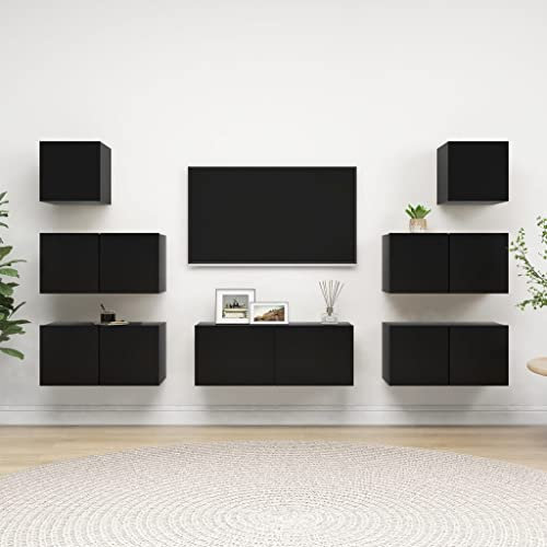 ZQQLVOO 7-TLG. TV-Schrank-Set,TV-Schränke,TV-Bänke,TV-Lowboard, Fernsehschrank,Fernsehtisch,Bücherregal,Vitrine,Raumteiler, Schwarz Spanplatte