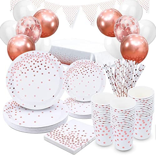 Rose Gold Party Supplies Set - 97 Pcs Tableware With Plates, Napkins, Tablecloth, Cups, Banner, Balloons for Wedding, Birthday, Anniversary, Bachelorette Celebrations