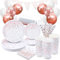 Rose Gold Party Supplies Set - 97 Pcs Tableware With Plates, Napkins, Tablecloth, Cups, Banner, Balloons for Wedding, Birthday, Anniversary, Bachelorette Celebrations