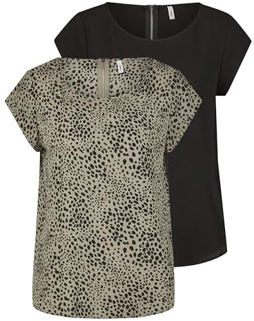 ONLY ONLVIC - Pack de 2 Camisetas básicas para Mujer, Cuello Redondo, Corte Regular, Blusa de Manga Corta, Parte Superior con Cremallera, Estampado de Verano