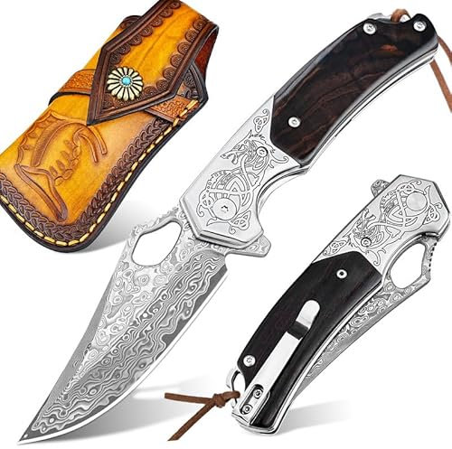 Nedfoss Taschenmesser, Damast Taschenmesser aus 67 Lagen Damaststahl, Taschenmesser damast mit Scheide, scharfes damast Klappmesser,Einhandmesser mit Holzgriff, Jagdmesser für Sammlung oder Geschenk