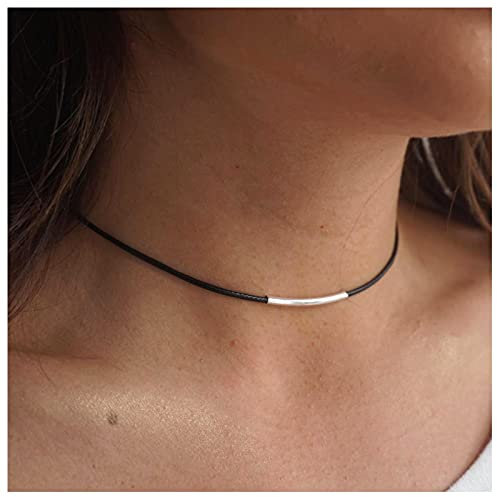 Allereya Vintage Leder Choker Halskette Silber Bar Choker Halskette Kurz Schwarz Leder Halskette Boho Halskette Schmuck für Frauen und Mädchen (Silber)
