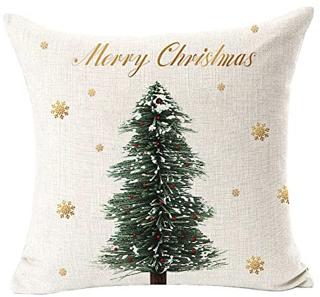 FELENIW Merry Christmas Golden Snowflake Tree Pine Cedar Square Decorative Throw Pillow Cover Cushion Case Cotton Linen for Bed Sofa Urlaub Outdoor 45,7 cm