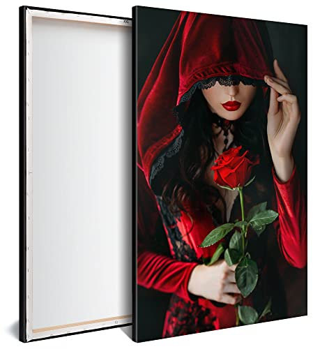 PRINTADECO DST0071 Modernes Wandbild 60 x 40 cm, hochauflösender Kunstdruck auf Leinwand, Holzrahmen, schwarzer Rand, Gothic-Vampir mit roter Rose