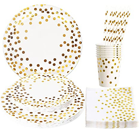 ASSUGO geburtstagsdeko frauen mädchen pappteller Weiß, 100 pcs Pappteller kindergeburtstag deko, einweggeschirr partygeschirr Geburtstag für Teller Becher Strohhalme servietten -20 Gäste