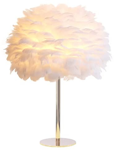 GUANSHAN Weiße Feder-Tischlampe, romantischer Feder-Lampenschirm, Nachtlicht, Schreibtischlampe, Feder-Nachttischleuchte, dekorative Tischbeleuchtung für Schlafzimmer, Wohnzimmer