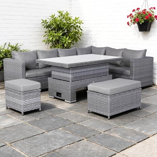 Club Rattan Isobella Range Right Hand Corner Sofa in Large Grey -9 Seater Garden Rattan Furniture Set Including an Outdoor Sofa, One Stool, One Bench,Height adjustable table, Cushions