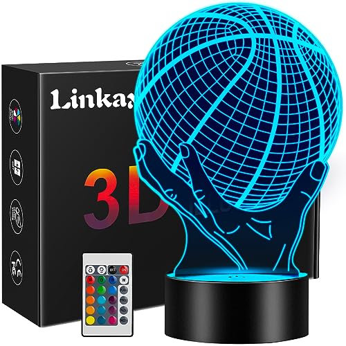 Linkax - Lampada a illusione ottica a tema basket per bambini, ragazzi e ragazze, 16 colori modulabili, luce notturna 3D, decorazione per la cameretta dei bambini, regalo di compleanno