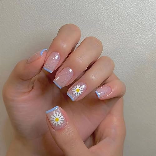 Agasar 24pcs Short Square False Nails French Blue Tip Glitter Pink Stick on Nails Daisy Flower Press Nails Removable Glue-on Nails Fake Nails Acrylic Full Cover Nails Women Girls Nail Art Accessories