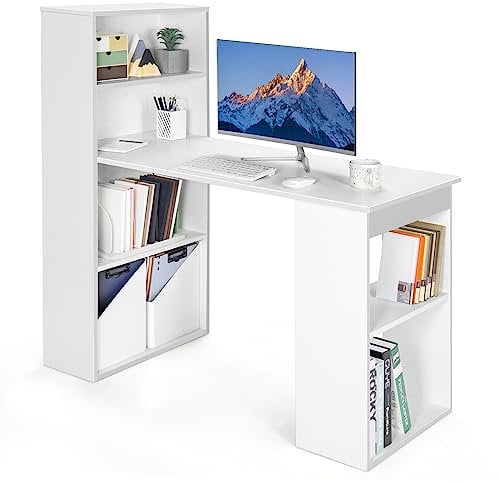 SFAREST Wooden Computer Desk, 122cm PC Laptop Writing Table with 6-Tier Storage Shelves, Modern Working Study Workstation for Home Office (White)