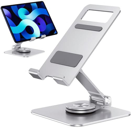 pjp electronics Tablet Stand, Aluminum Adjustable Swivel Desktop Holder with 360 Degree Rotating Base, Foldable Cradle Compatible with iPad/iPad Pro/Air, iPhone, Galaxy Tab, Switch, Phones (Silver)