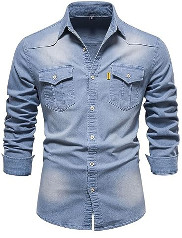 MCGOS Mens Oversized Denim Look Western Cowboy Oxford Shirts Tees Shirt Men's Long Sleeve Button Down Non Iron Slim Fit T-shirt Casual Shirts Trendy Top with Pockets Light Blue UK Size 18