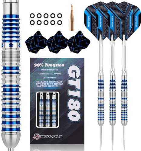 WIN.MAX Dartpfeile mit Metallspitze 90% Tungsten 3 Stück 90% Wolfram Stahl Darts 23 Gramm Blue