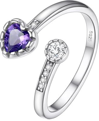 PROSILVER Damen Eternity Ring 925 Silber Offener Ring Herz Geburtsstein synthetischer Amethyst Zirkonia Trauring Verlobungsring Ehering Hochzeit Schmuck