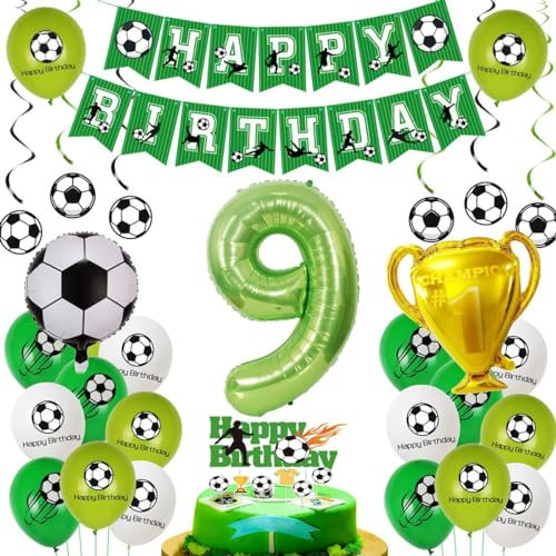 Fußball 9. Geburtstag Deko Set - Luftballons, Grüne Partydekoration für Jungen