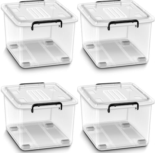 tillvex® Aufbewahrungsboxen mit Deckel 4er Set - 62 Liter, lebensmittelecht | Kunststoff Boxen Set stapelbar | Aufbewahrung Ordnungssystem Box groß | Aufbewahrungsbox Kleiderboxen 100% Neumaterial