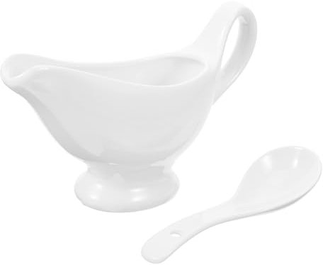 LIFKOME Pichet à Sauce en Céramique avec Cuillère Mini Saucière Blanche 175 Ml pour Lait Vinaigre Condiments Restaurant Service de Table