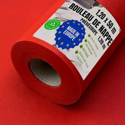 NATUARTE, Rouleau de Nappe, 1.20 m x 50 m, Nappe Intissè, PRÉDÉCOUPE Tous Les 1,20m, Jetable, Effet Tissu, Célébrations Anniversaires, Couleur Rouge 1,20x50m