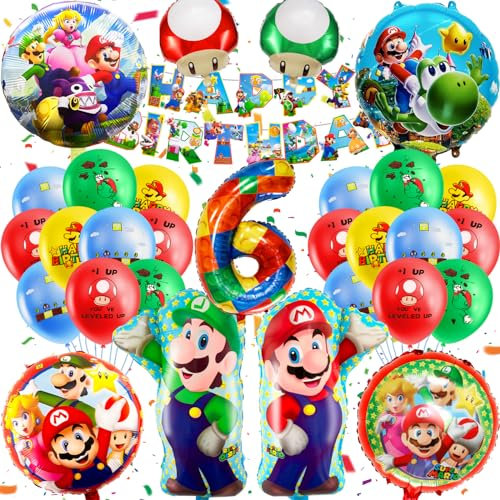 MLA6 32PCS Mario Geburtstag Deko, 6 Jahre Alt Luftballon, Kindergeburtstag Ballon Set, Geburtstagsdeko, Thema Dekoration Mit Super Mari Banner