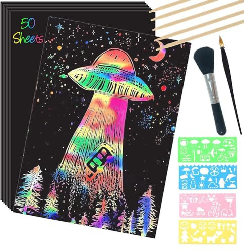 CYBUCH Kratzpapier-Kunstset, 50 Blatt 8x11 Regenbogenbeschichtetes Kratzbrett, Großes Kratzpapier mit Holzstiften und Schablonen