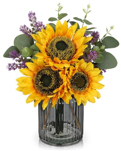 Oairse Fake Flowers in Vase, Sunflowers Artificial Flowers with Vase Sunflowers Centerpieces for Table Silk Flower Arrangement for Farmhouse Home Kitchen Bathroom Wedding Party Dining Room Decor