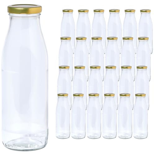 Vitrea 24 leere Glasflaschen 500ml Schraubverschluss Gold - Milchflaschen, Saftflaschen, Flaschen zum Befüllen mit Deckel - für, Saft, Smoothies, Öl - 24 Stück, TO48, Milch