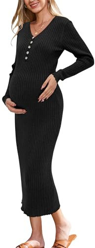 OUGES Wool Blend Knitted Maternity Dress for Photoshoot Midi Nursing Breastfeeding Clothes Pregnancy Jumpers-L Black
