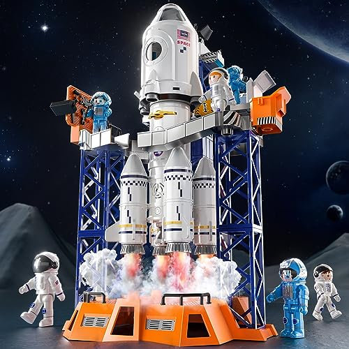 TEMI Large Mist Spray Space Rocket Toys with Launcher for Kids 3+ Years, 5-in-1 STEM Space Toys with Launch Center, Console, Satellite, Astronauts, Projection Lamp, Spaceship Toys Gift for Boys