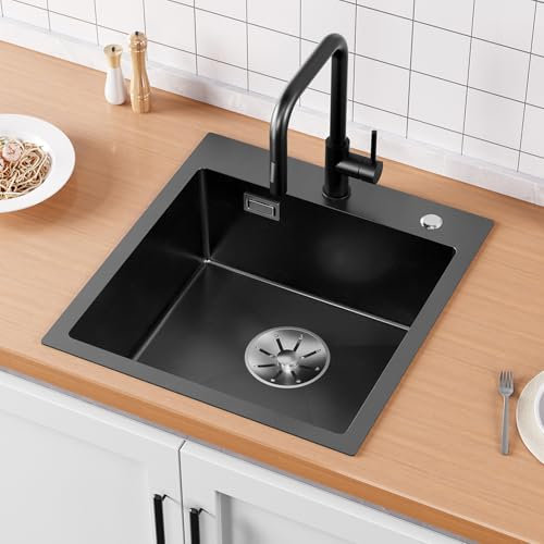 Sofetiy Evier Cuisine 1 Bac 45x48cm, Évier Noir Anthracite en Acier Inoxydable, Lavabo Cuisine pour Meubles Bas de 45 cm, Évier Cuisine avec Dernier Siphon et Trop-plein