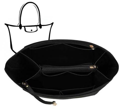 Charinor Taschen Organizer für Longchamp, Taschenorganizer L aus Filz mit Schlüsselkette und Bag in Bag (Schwarz, L)